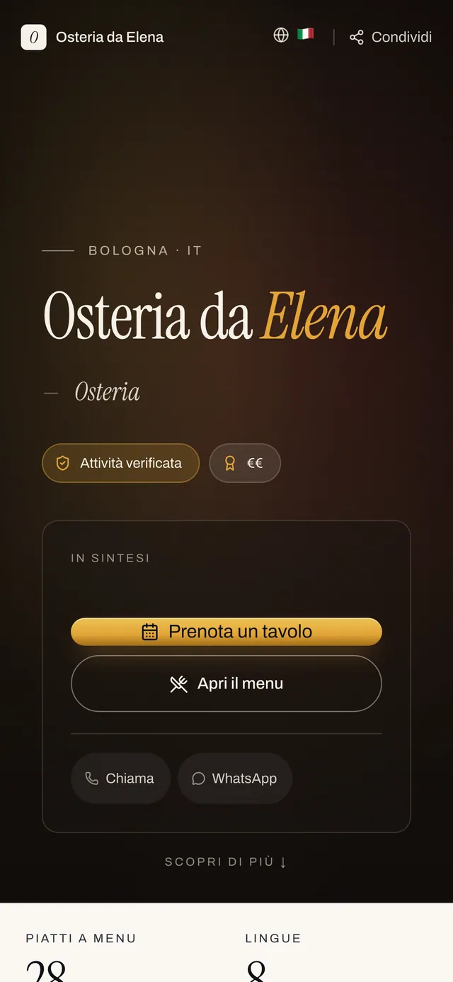 La pagina pubblica del locale sul telefono, con i piatti e la prenotazione.