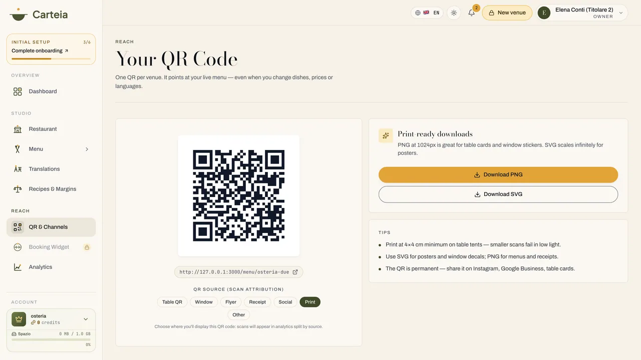 Die Seite QR und Kanäle, mit dem herunterladbaren Menü-Code.