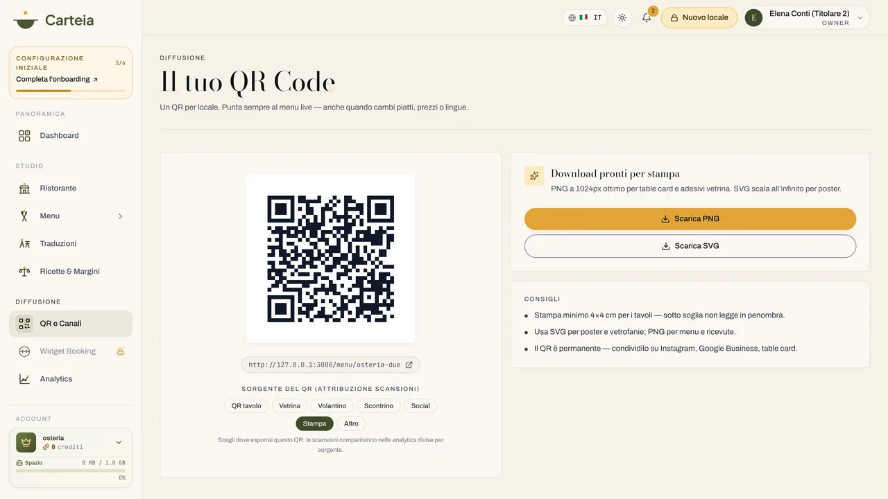 La pagina QR e canali, con il codice del menu pronto da scaricare.
