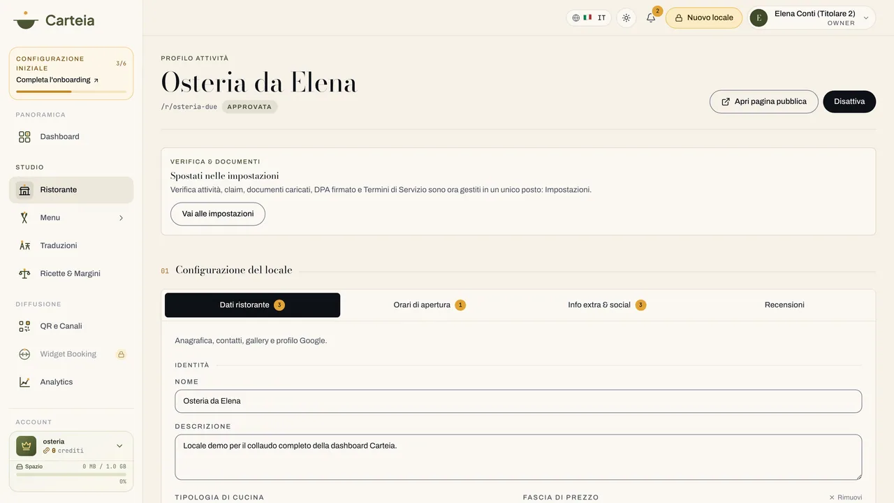 Il profilo del locale, con anagrafica, contatti e collegamento al profilo Google.